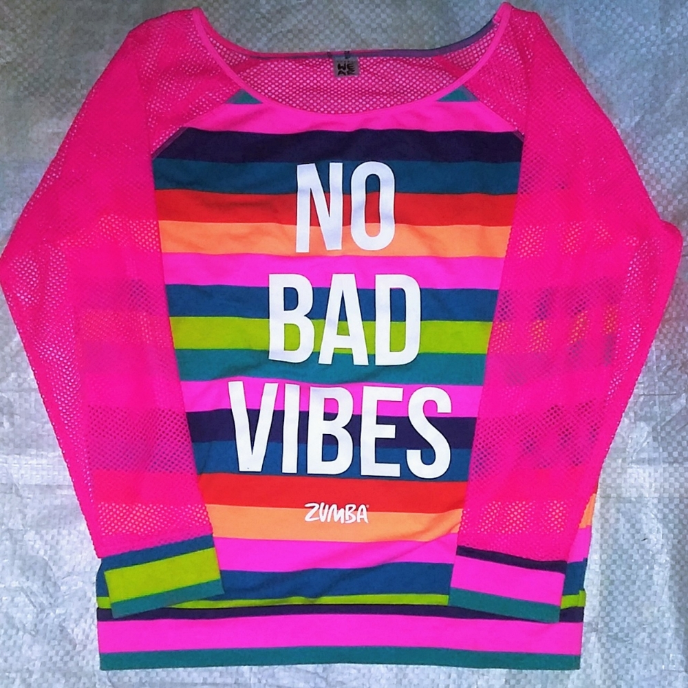 Zumba Wear size Large Long Sleeve Mesh Top No Bad Vibes pink shirt